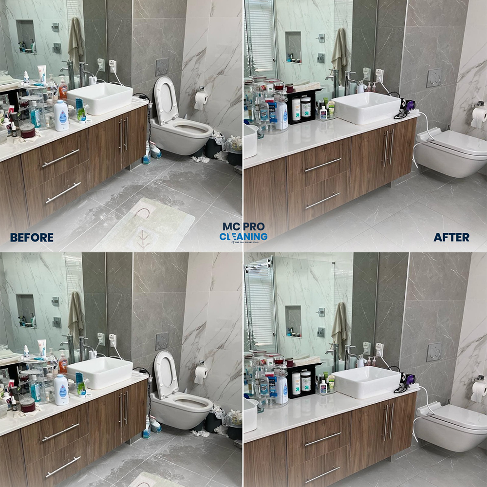 Professional bathroom cleaning results by MC Pro Cleaning — spotless tiles, mirrors, and fixtures.