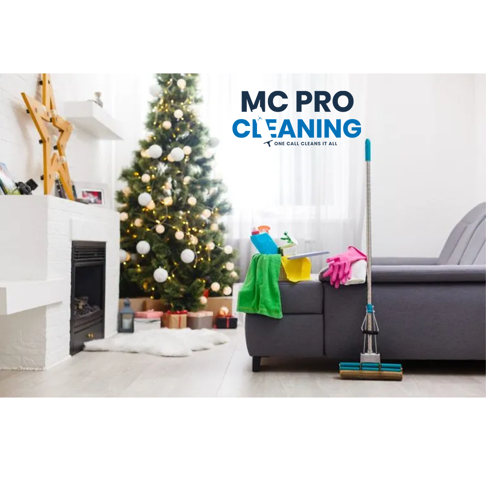 Professional cleaner wiping a table in a holiday-decorated living room by MC Pro Cleaning